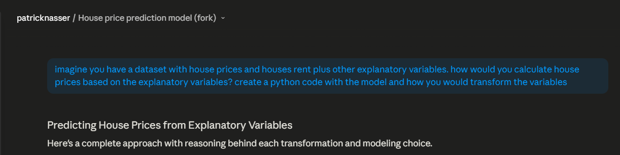 The prompt: asking Claude to build a model for house prices from a few explanatory variables, with the transforms it would recommend.